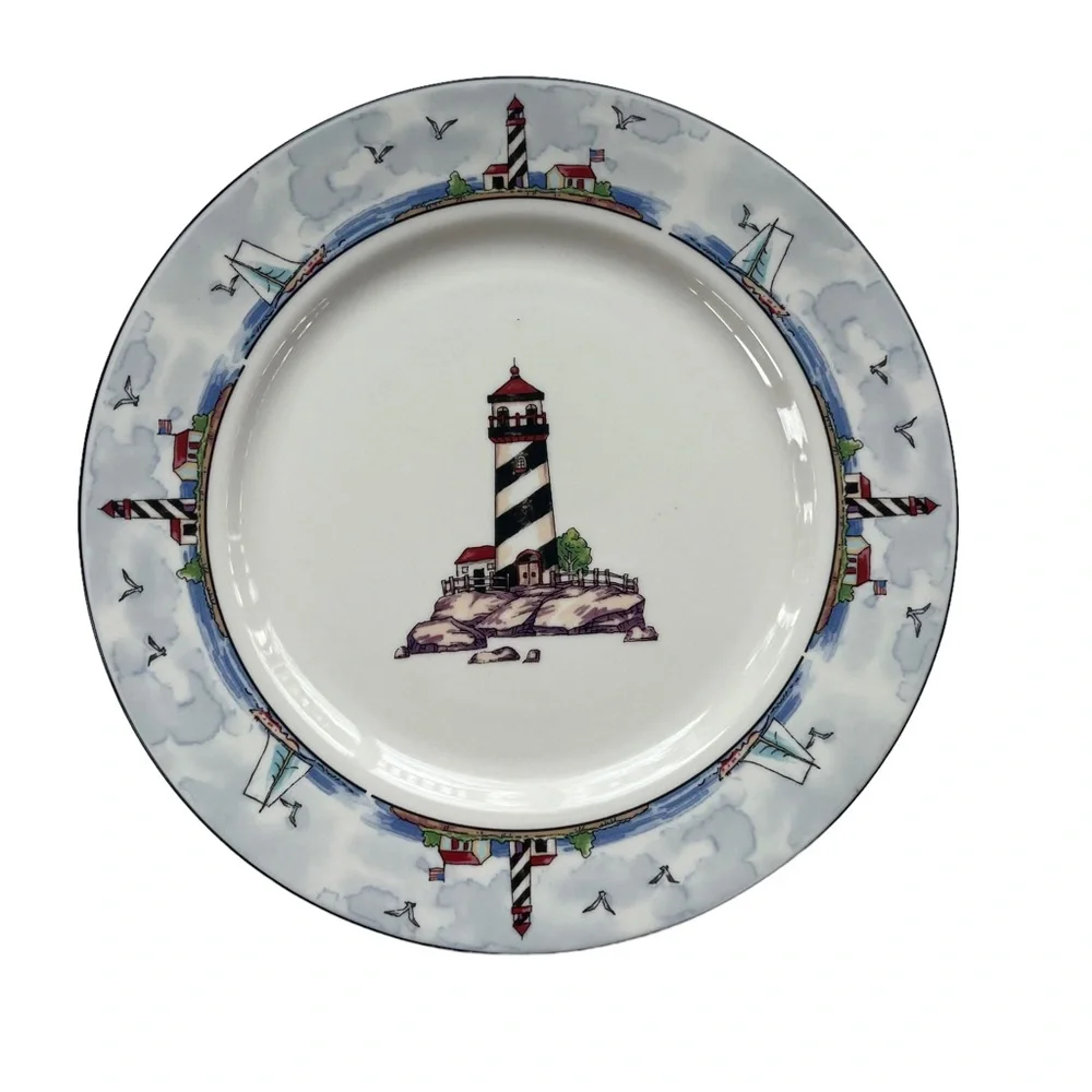 Totally Today Coastal Lighthouse Seaside Scene White 10.25 in Round Dinner Plate